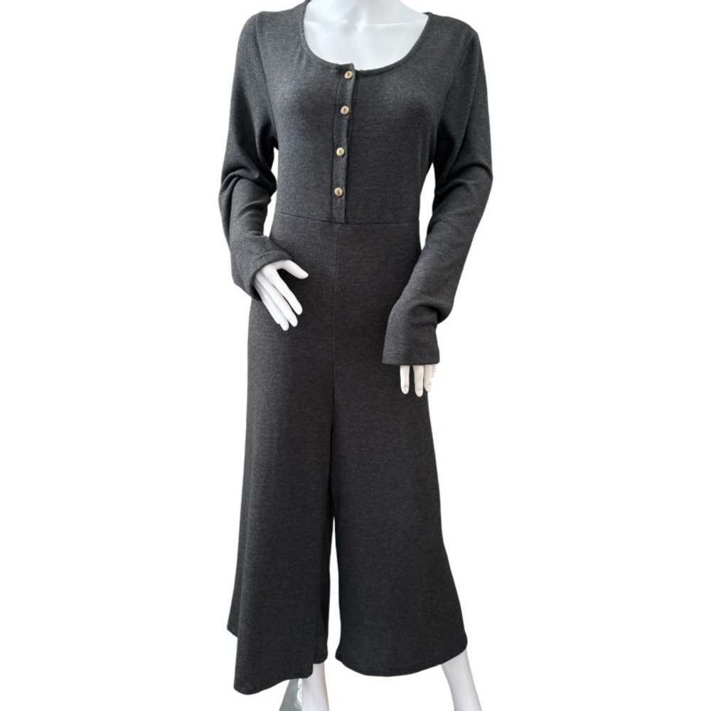 Three Bird Nest Charcoal Gray Wide-Leg Jumpsuit with Yellow Trim - Picture 2 of 11